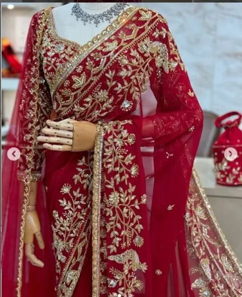 Red Wedding Handwork Original Zardosi Crystal Bollywood Indian Style