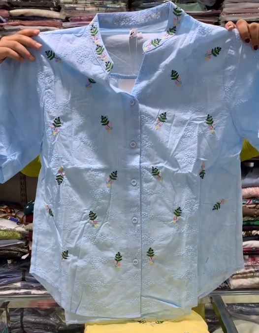 Women’s Textured Pure Cotton Shirt with Floral Embroidery