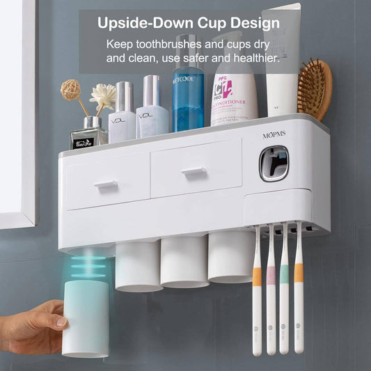 Wall-Mounted Toothbrush & Cup Organizer with Upside-Down Cup Design