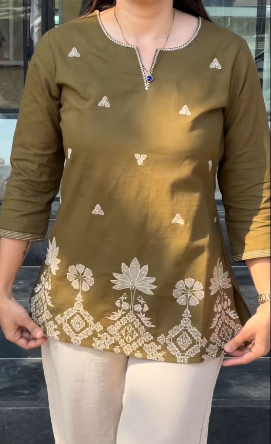 Women’s Floral Embroidered Pure Cotton Tunic and Trouser Set