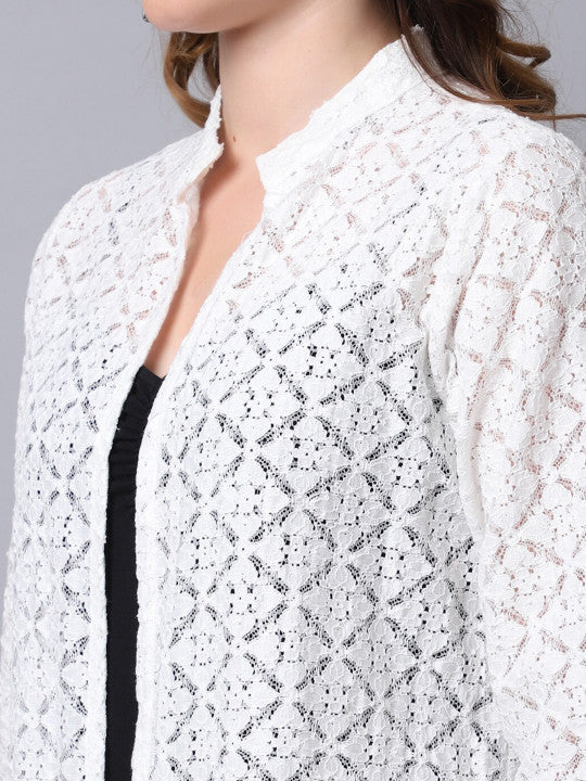 Women White Self-Design Open-Front Cotton Shrug