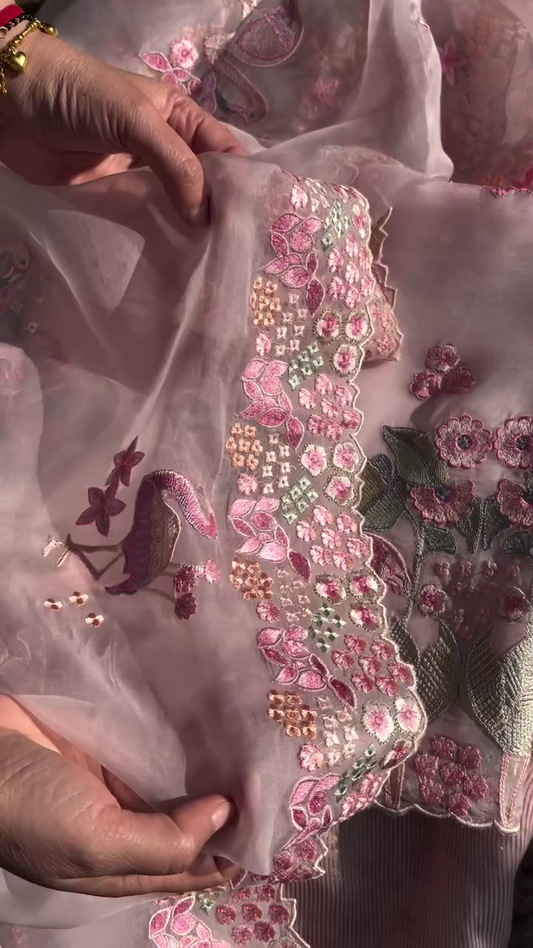 Exquisite Dusty Rose Sheer Fabric with Flamingo Embroidery