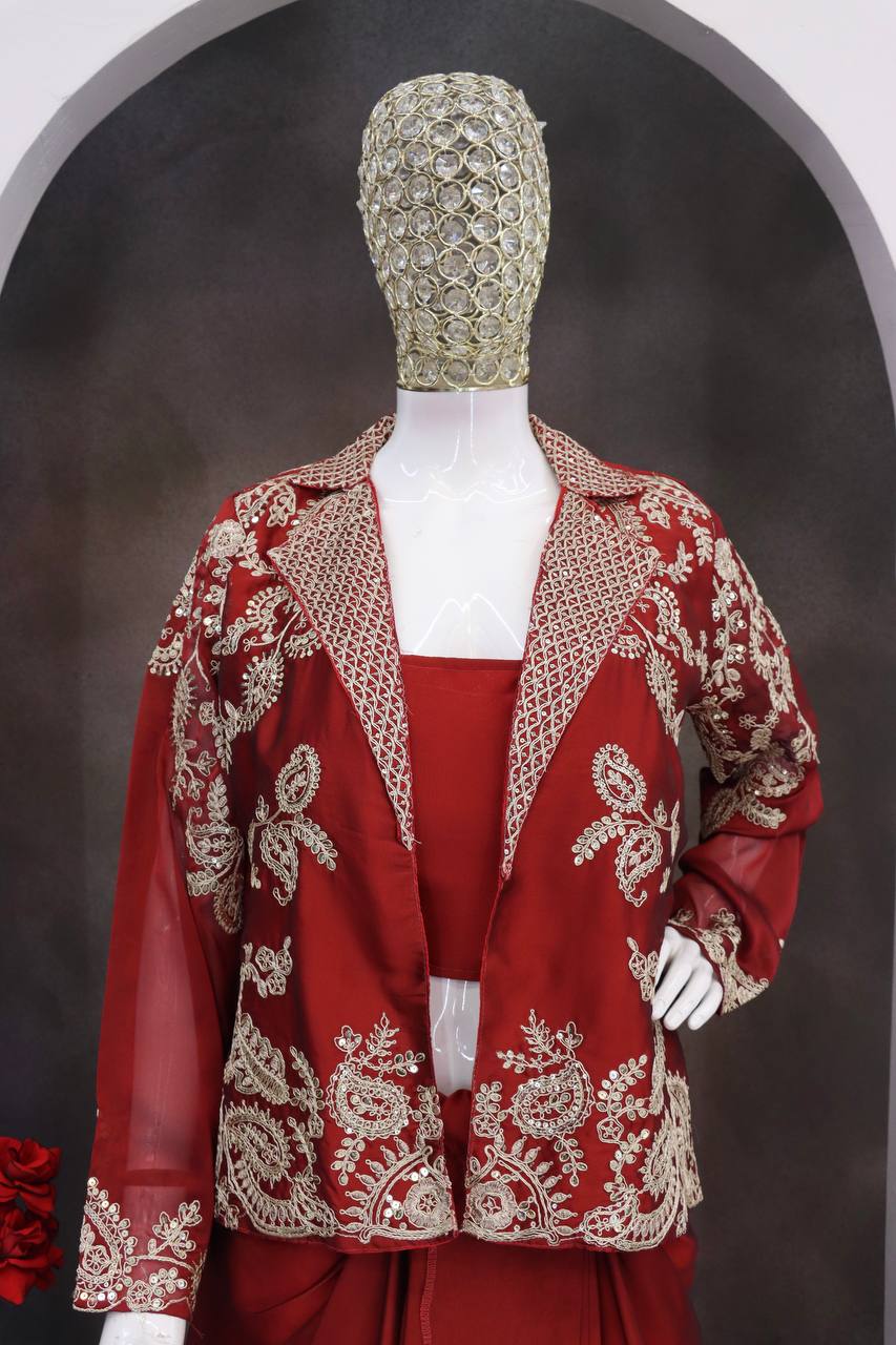 Wine Red Draped Skirt Set with Embroidered Jacket