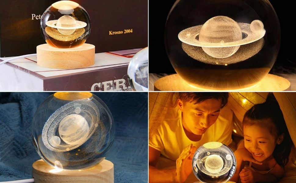 3D Saturn Crystal Ball LED Night Lamp with Wooden Base
