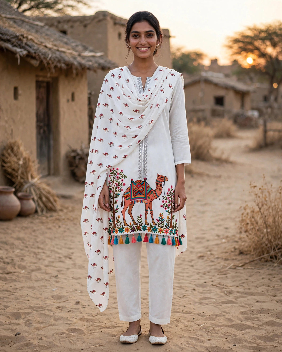 Desert Heritage Hand-Embroidered Camel Motif Kurta Set – Ivory Elegance
