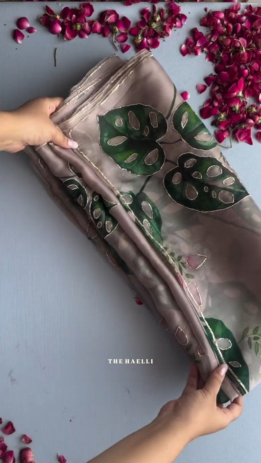 Botanical Essence Hand-Painted Organza Saree Set – Available in Olive Green & Mauve