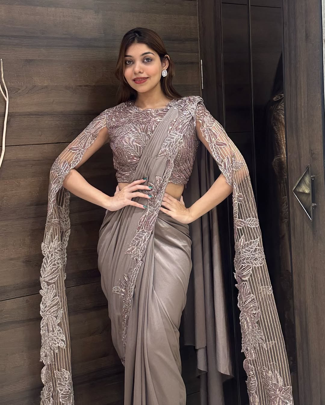 Designer Satin Drape Saree with Embellished Cape Blouse