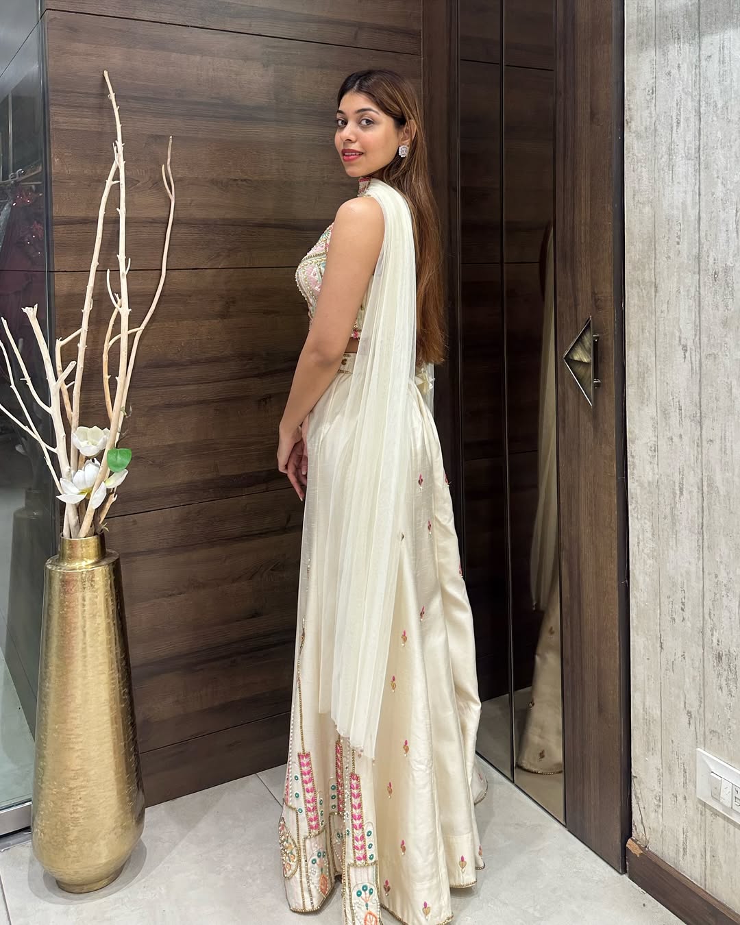 Ivory Embroidered Bustier & Sharara Set with Mirror and Pearl Detailing