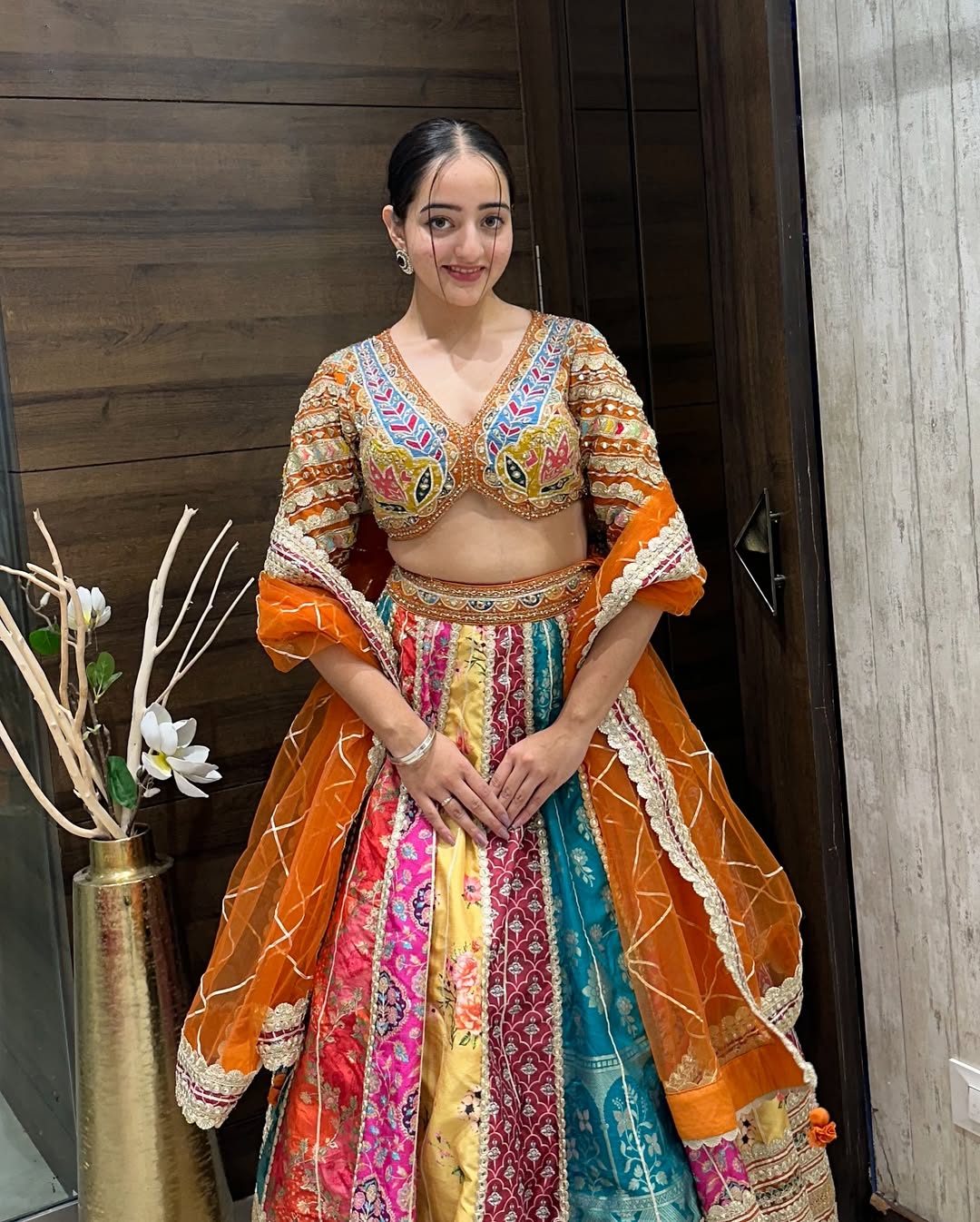 Multi-Panel Mirror Embroidered Lehenga Choli Set with Orange Net Dupatta