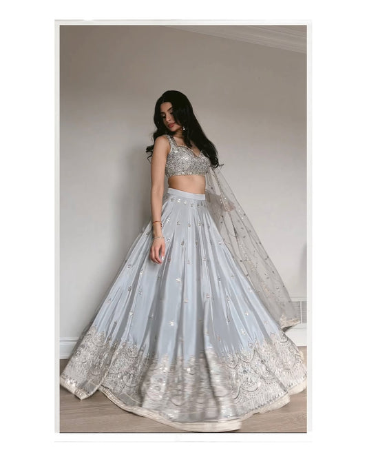 Silver Grey Sequins Embroidered Lehenga Choli with Net Dupatta