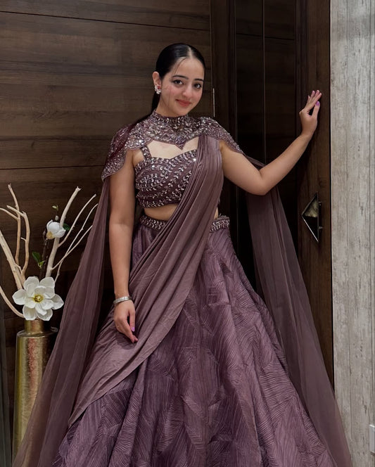 Embellished Mauve Designer Crop Top with Layered Lehenga and Cape Dupatta