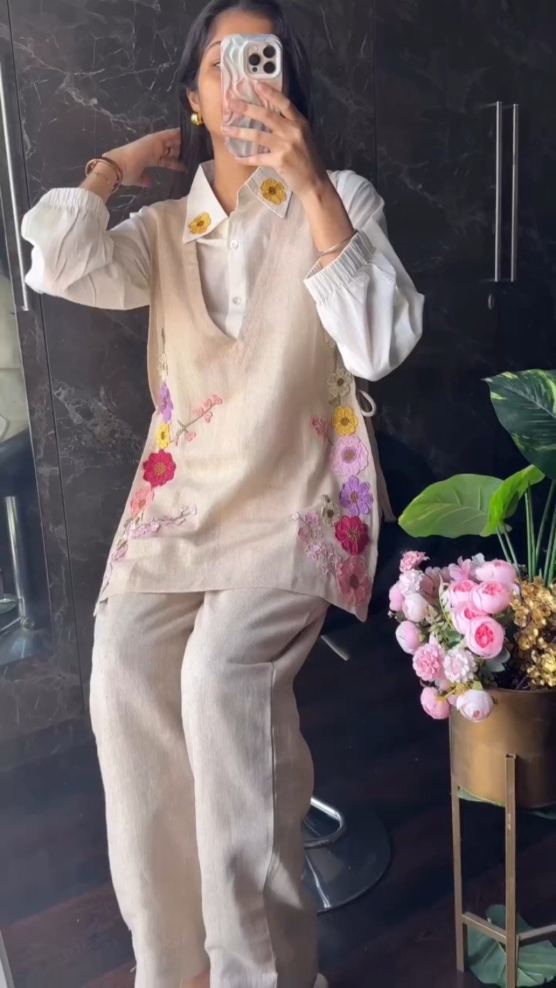 Floral Garden Embroidered Linen Co-ord Set – Beige with White Inner Shirt