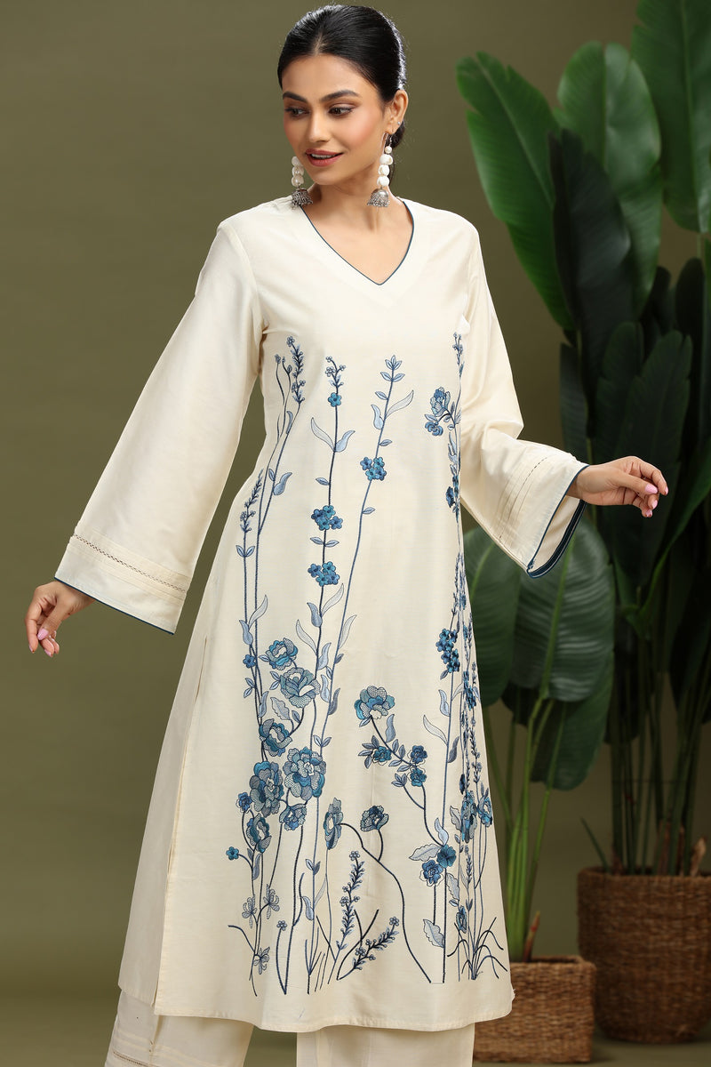 Cotton Floral Embroidered A-Line Kurta and Pant Set