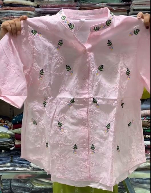 Women’s Textured Pure Cotton Shirt with Floral Embroidery