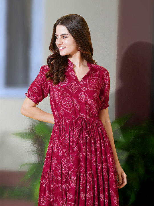 Bandhani Print Tiered Fit and Flare Midi Dress