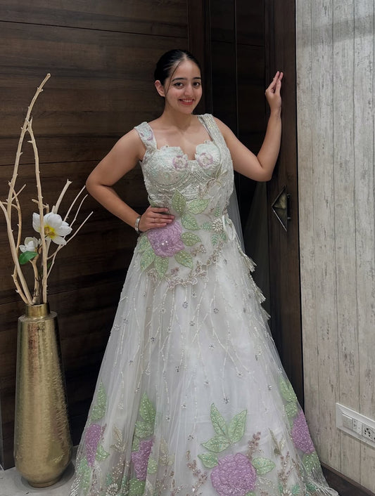 White Embroidered Net Gown with Pastel Floral Work
