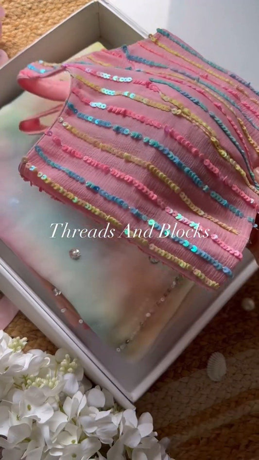 Pastel Rainbow Sequined Blouse with Tie-Dye Saree Set