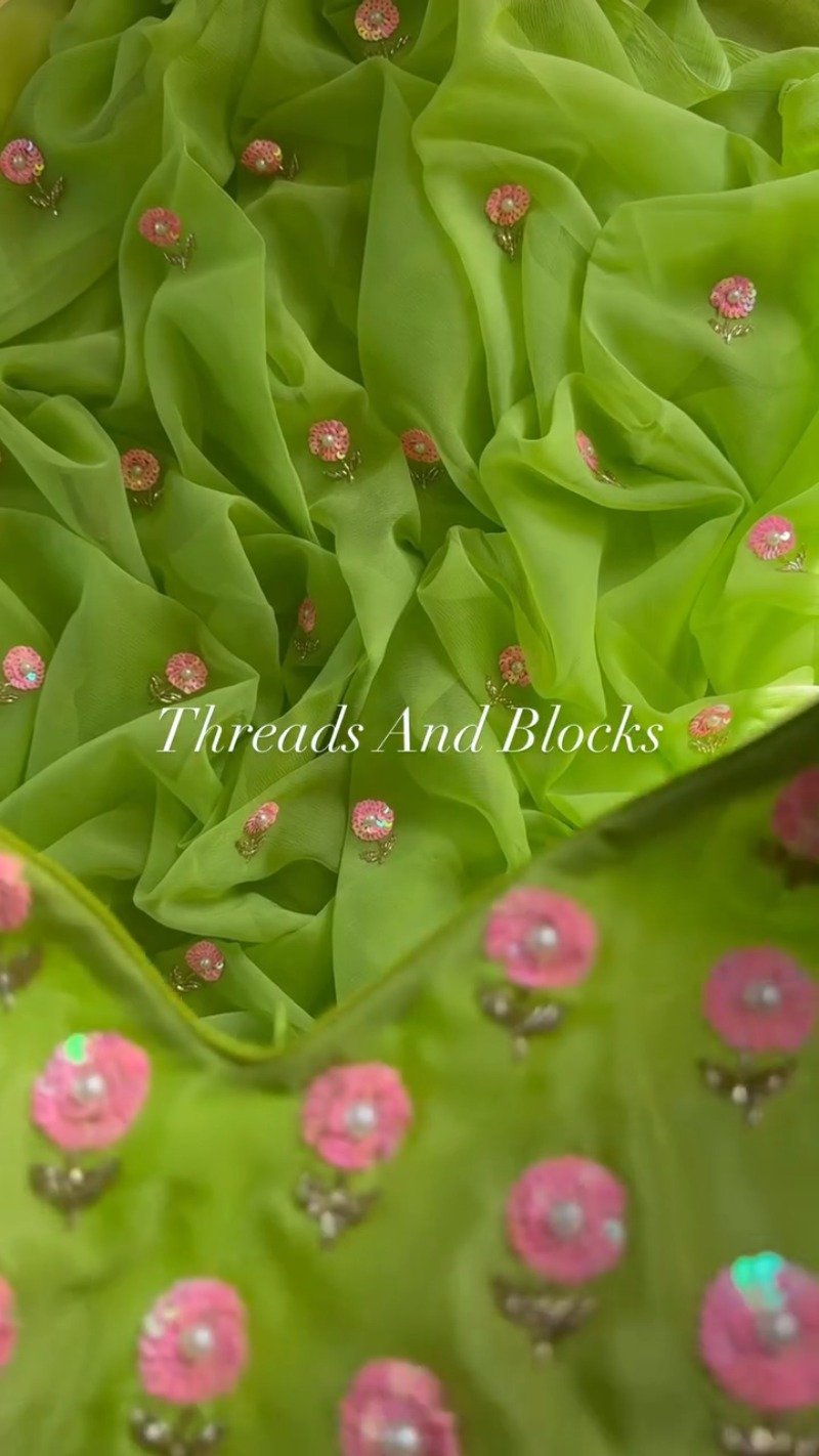 Verdant Lime Floral Sequin Embellished Saree Set