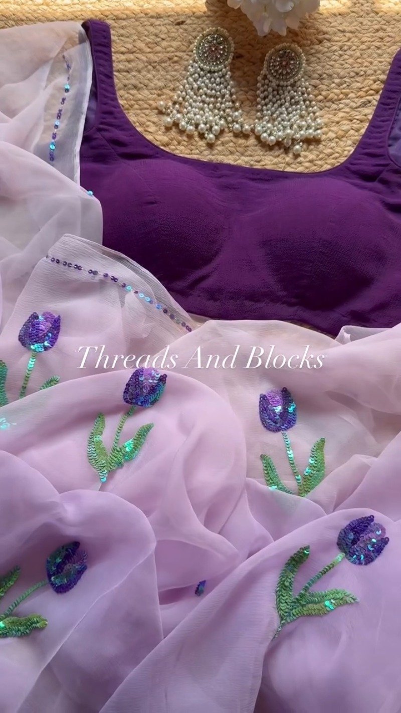 Lavender Floral Sequin Embroidered Saree Set – Available in Lavender & Deep Purple