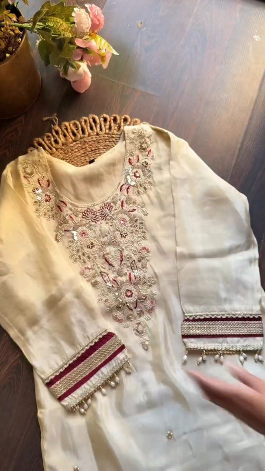 Ethereal Pearl Cream Embroidered Silk Kurta Set with Striped Organza Dupatta