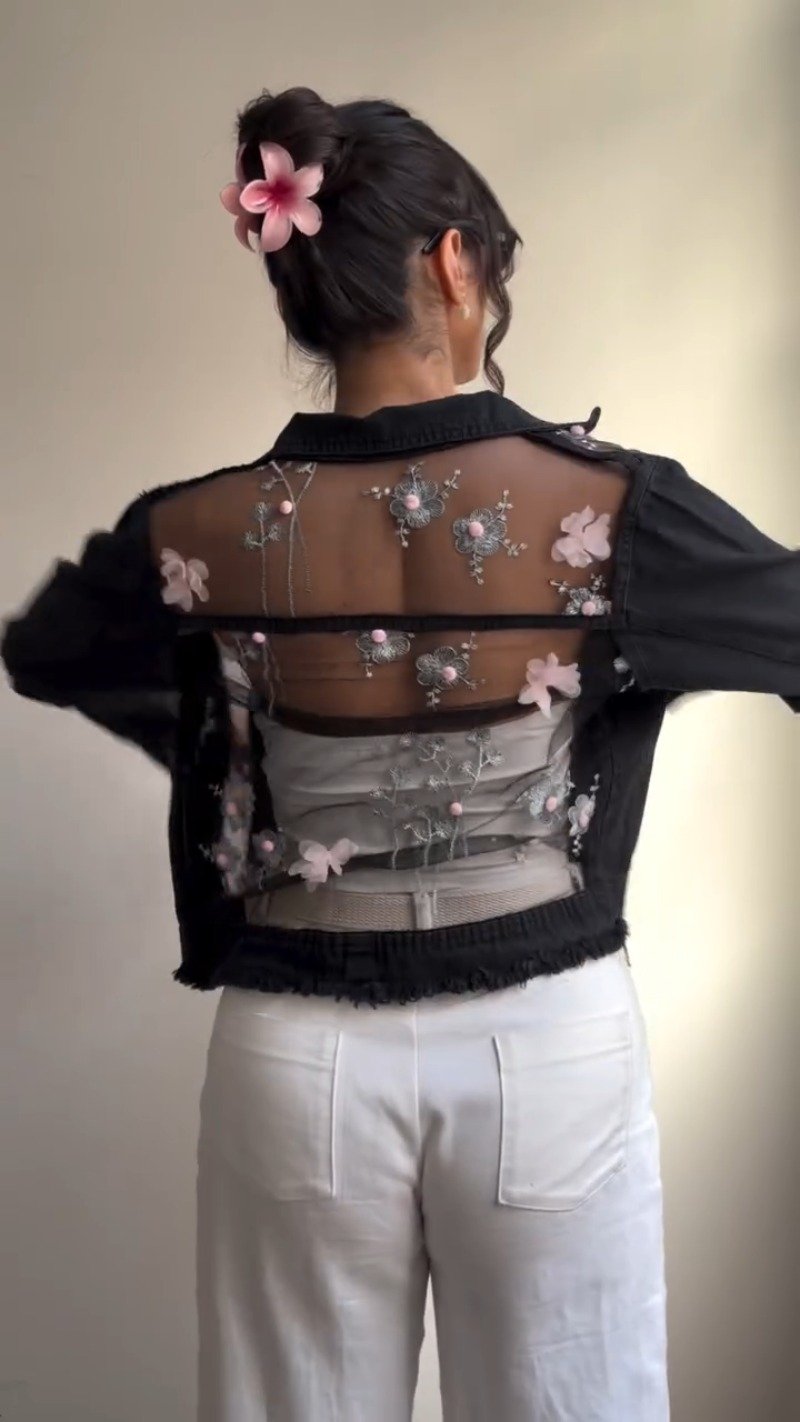 Sheer Floral Organza Statement Jacket – Available in Midnight Black & Classic Denim