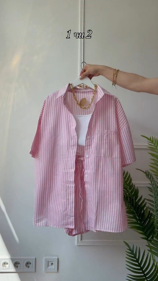Coastal Chic Striped Co-ord Set with Tank Top – Available in Blush Pink & Sand Beige
