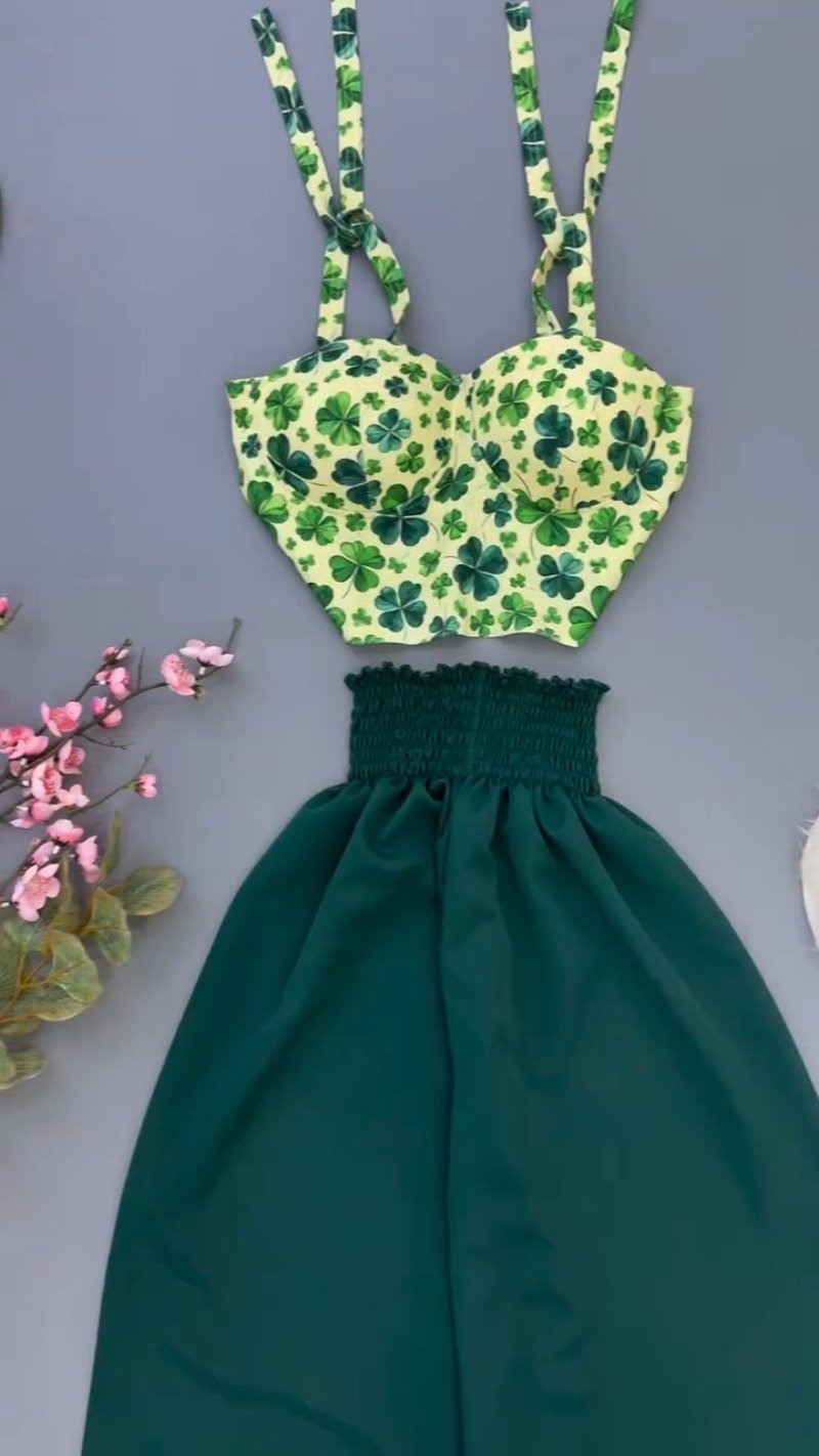 Enchanting Floral Corset Top & Smocked Skirt Co-Ord Set – Available in Clover Green, Peach Tulip & Blue Daisy