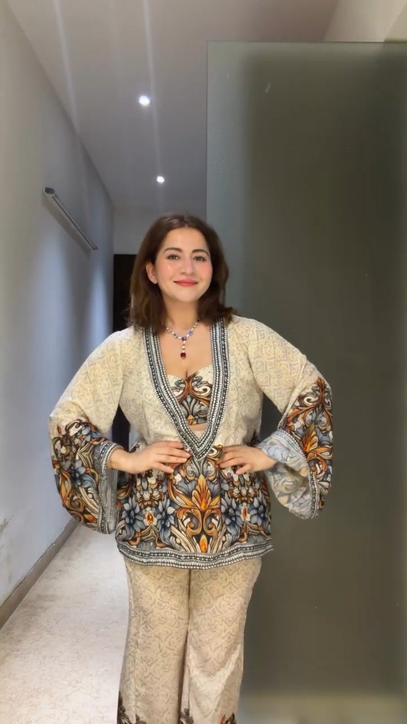 Bohemian Baroque Printed Co-ord Set with Statement V-Neck – Available in Cream & Multi-Color