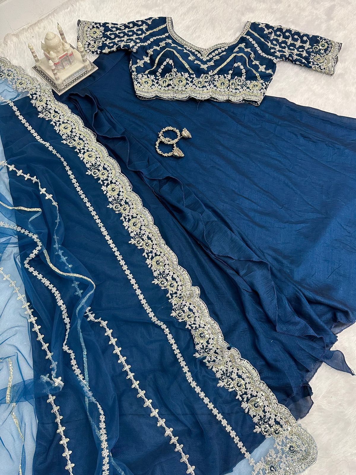 Delightful Blue Color Vichitra Ready To Wear Lehenga Saree