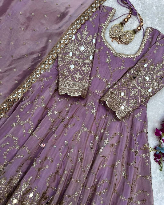 Stylish Lavender Color Heavy Chinon Silk With Embroidery Sequence Work Anarkali Gown