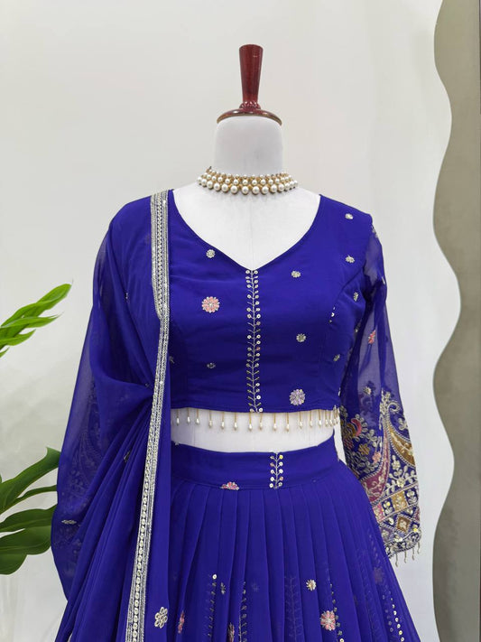 Party Wear Blue Color Faux Georgette Lehenga Choli Set