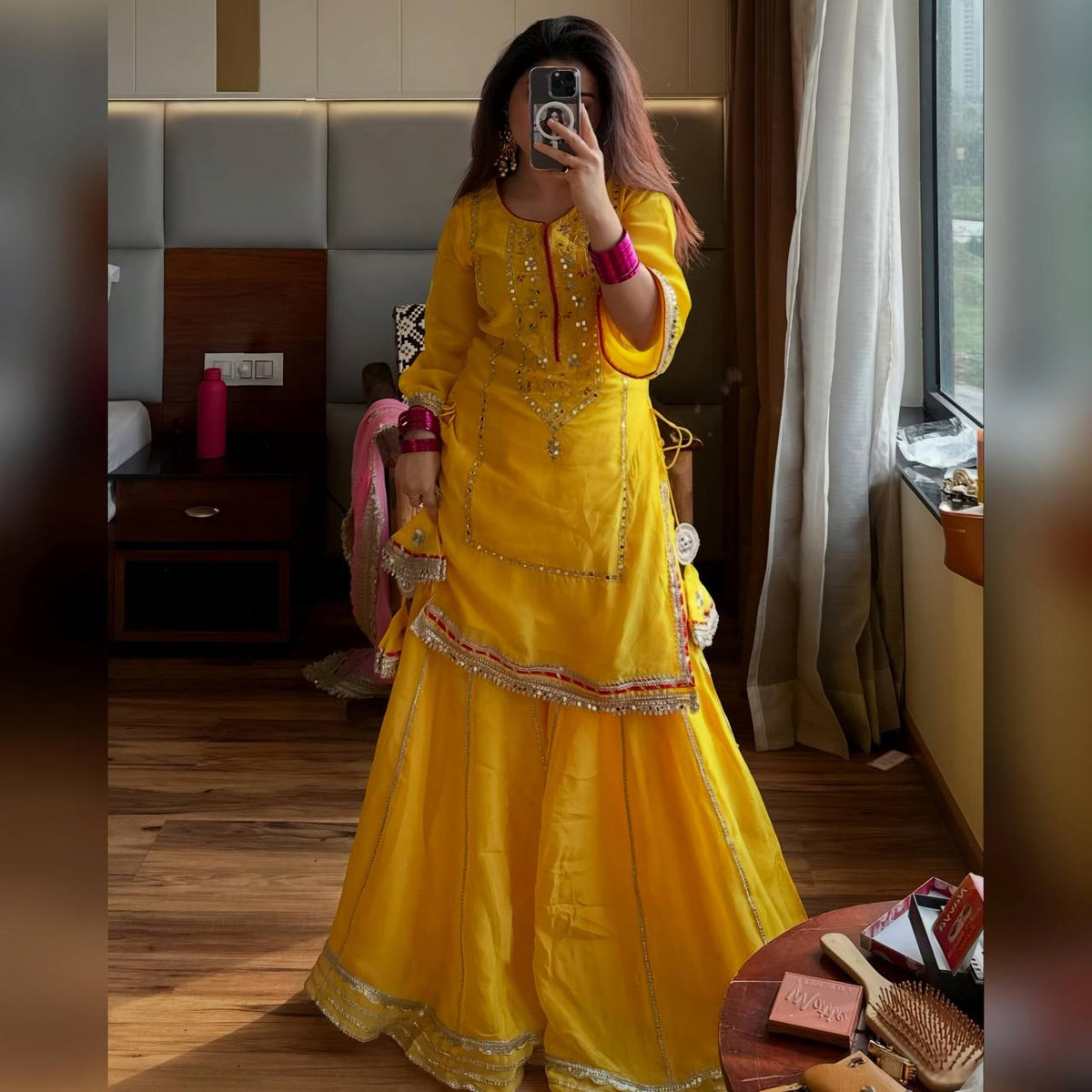 Neha's Yellow Color Chinon Silk Embroidered Work Sharara Suit