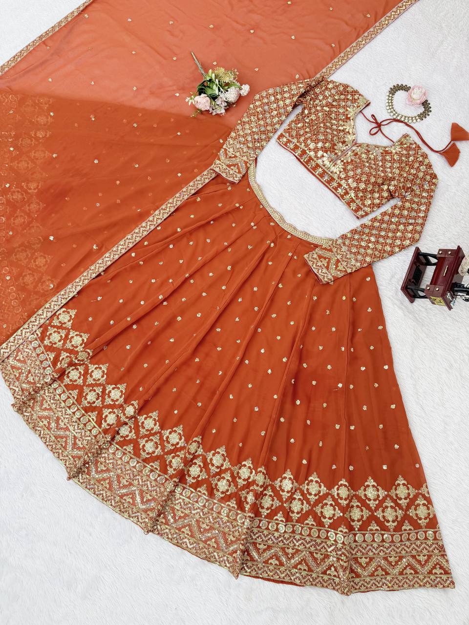 Wedding Wear Orange Color Faux Georgette Lehenga Choli Set