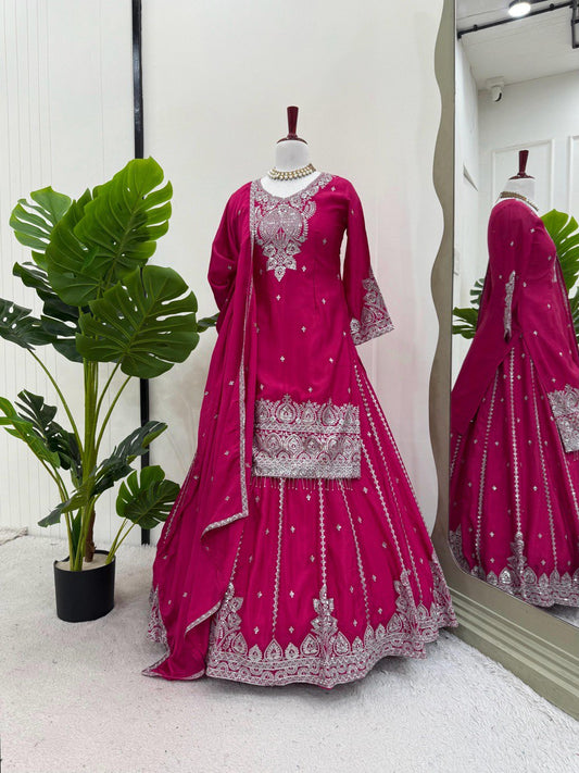 Attractive Pink Color Embroidered Designer Top With Lehenga