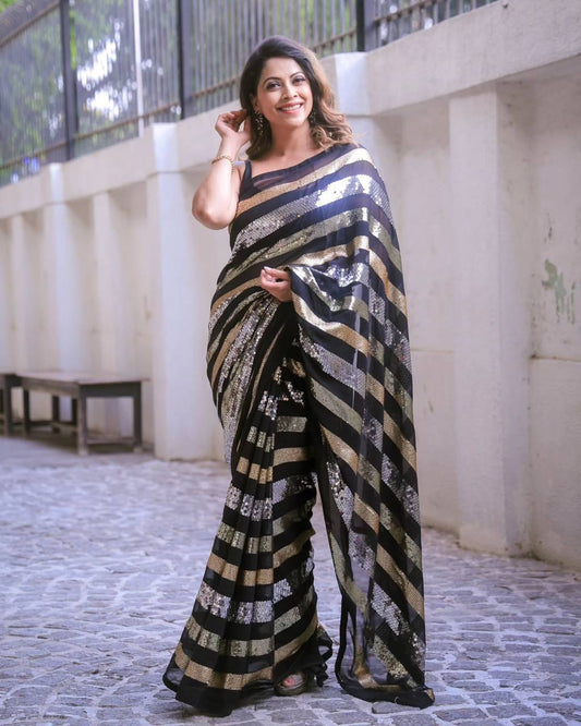 Designer Black Color Heavy Georgette And Sequence Embroidery Work Part Wear Saree