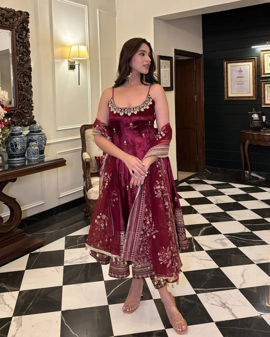 Wedding Wear Maroon Color Embroidered Anarkali Suit Set