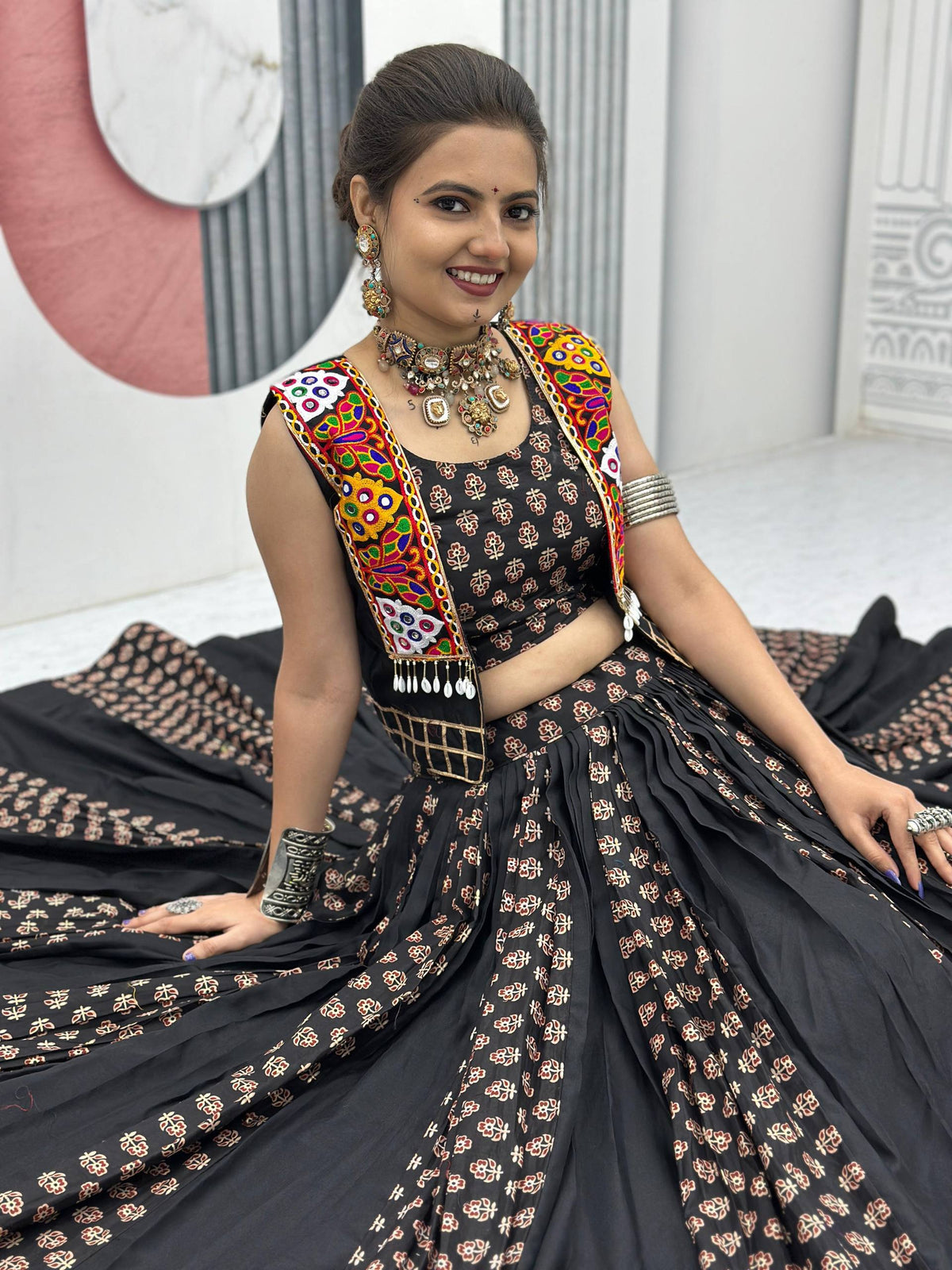 Navratri Special Black Color Cotton Lehenga Choli with Jacket | 6 Meter Flair | Festive Garba Outfit