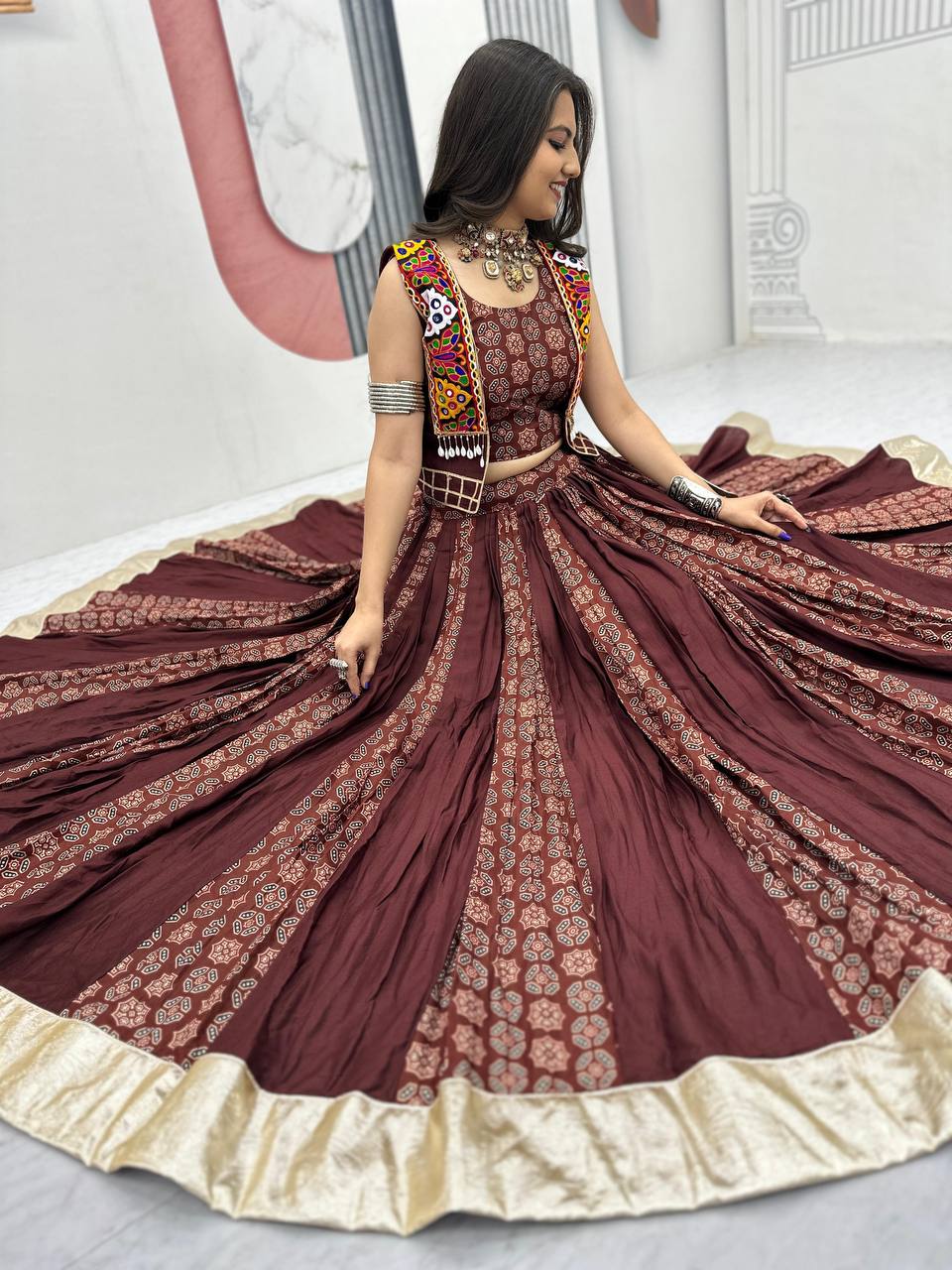 Navratri Special Brown Color Cotton Lehenga Choli with Jacket | 6 Meter Flair | Festive Garba Outfit