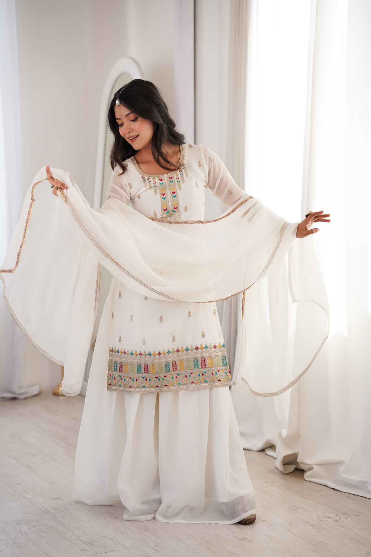 Pure White Crunchy Silk Heavily Embroidered Sharara Suit Set