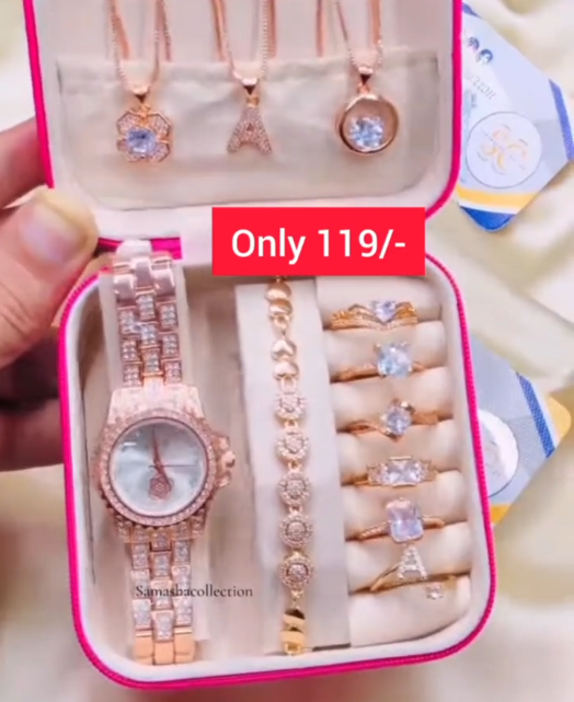 Rose Gold Jewelry Gift Set with Watch, Rings & Pendants