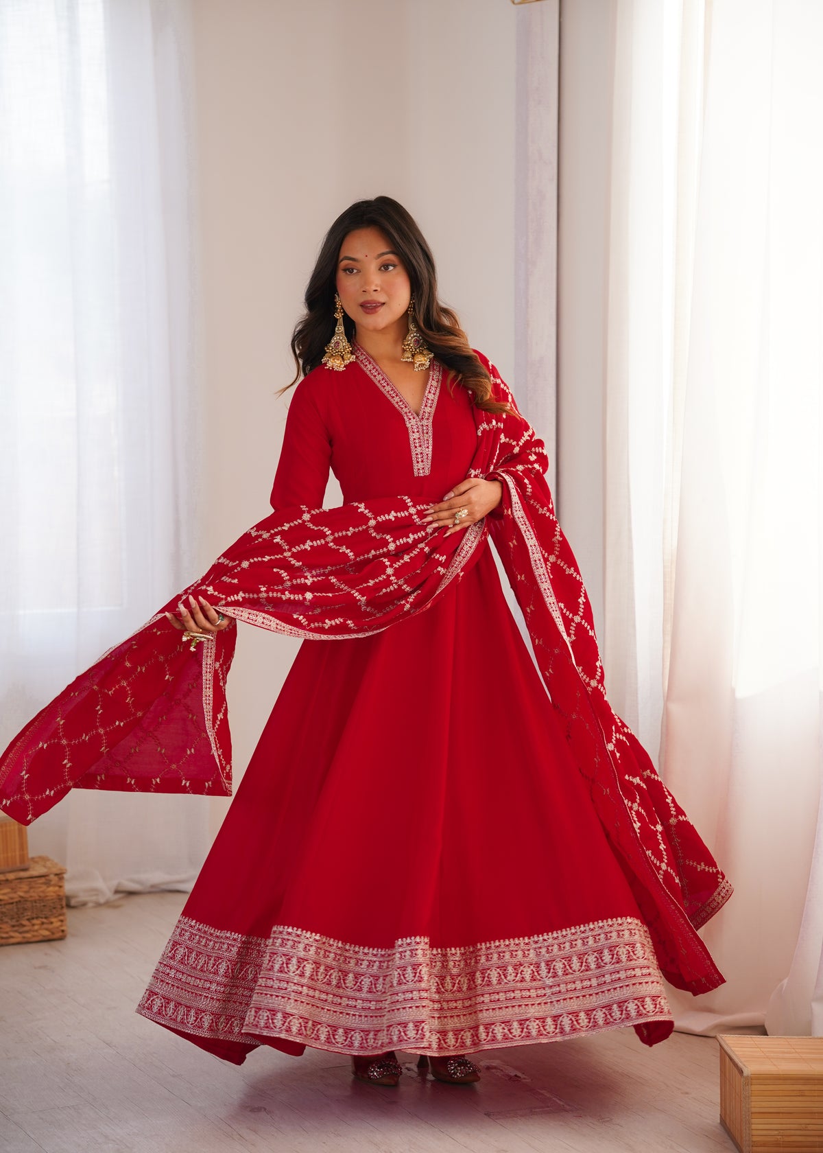 Red Anarkali Suit with Embroidered Border and Printed Dupatta