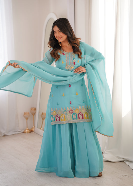 Turquoise Embroidered Kurta Set with Palazzo and Dupatta