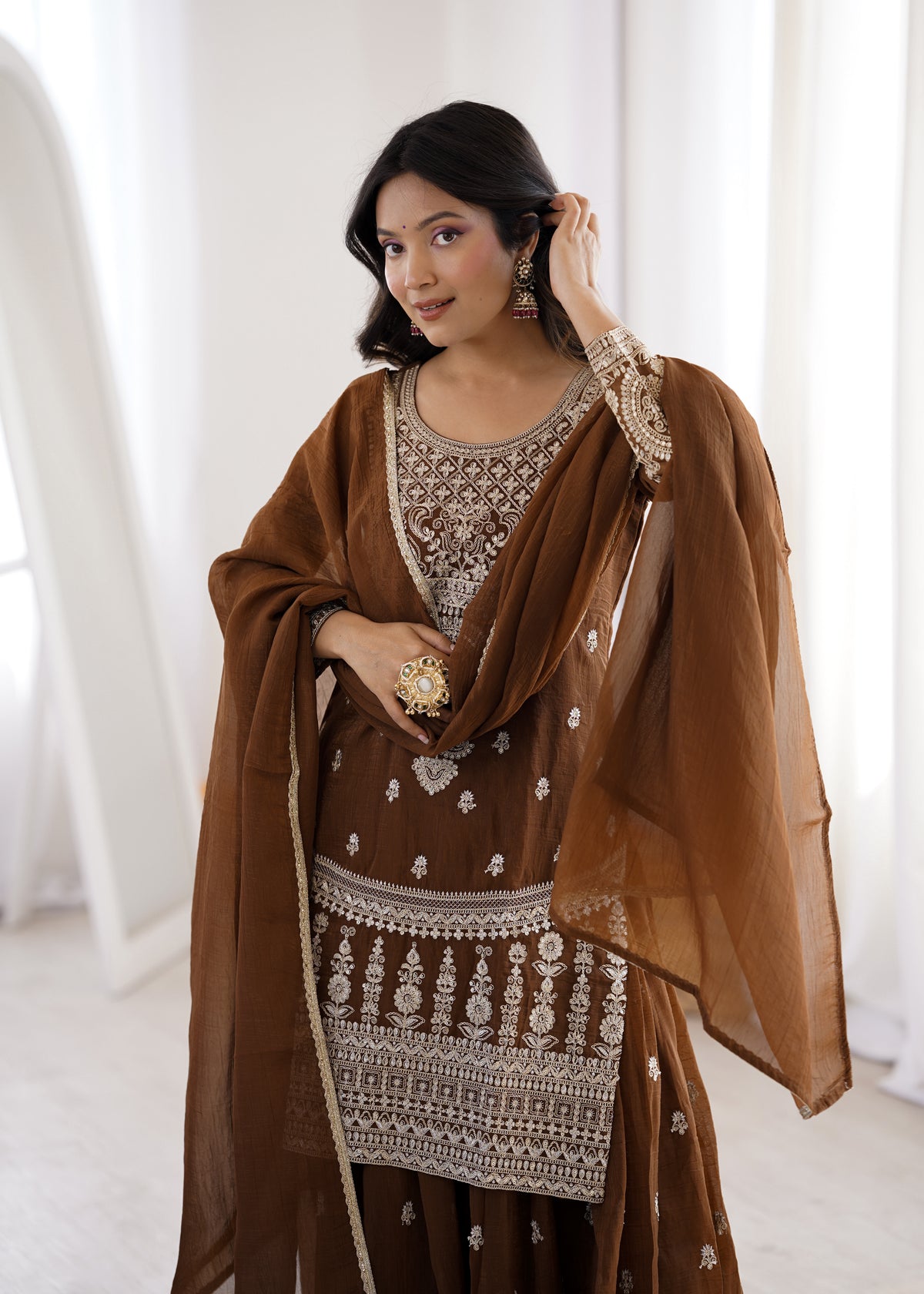Delicate Brown Embroidered Crunchy Silk Sharara Suit