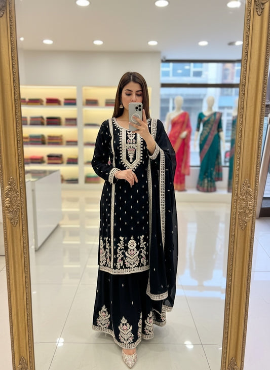 Black Embroidered Kurta Sharara Set with Elegant Dupatta