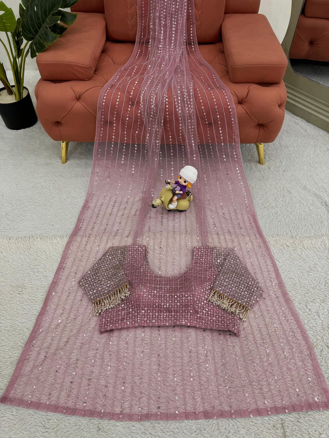 Blush Mauve Sequin Draped Saree Set