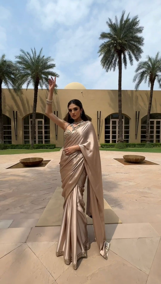 Party Wear Beige Color Japan Satin Silk Thread With Real Mirror Work Designer Saree