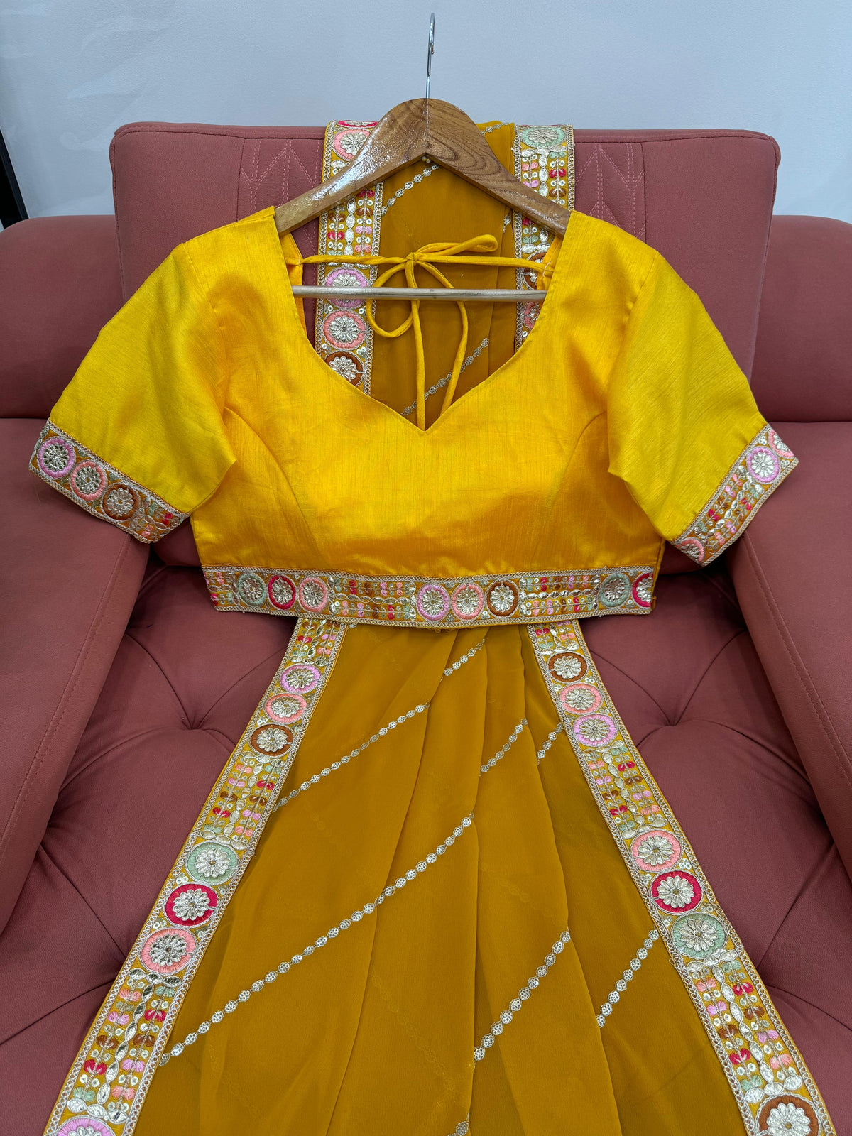 Haldi Wear Mustard Color Faux Georgette And Coding With Sequence Work Beautiful Saree