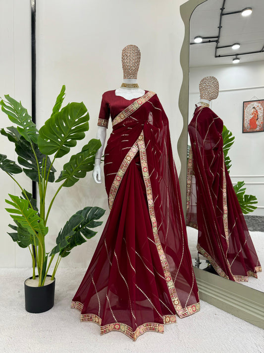 Glorious Maroon Color Faux Georgette And Coding With Sequence Work Beautiful Saree
