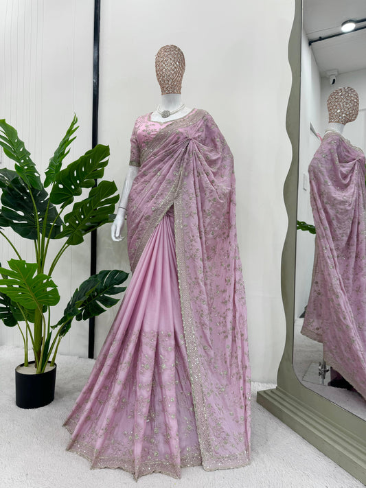 Marriage Wear Light Pink Color Heavy Chinon Silk Thread And Sequence Work Designer Saree