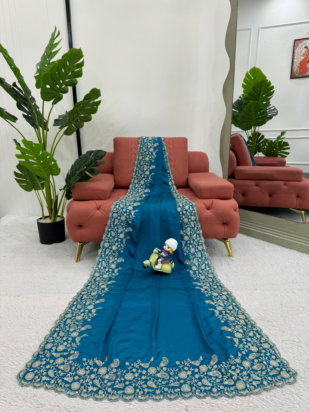 Dazzling Teal Color Heavy Chinon Thread Sequence Work Designer Saree